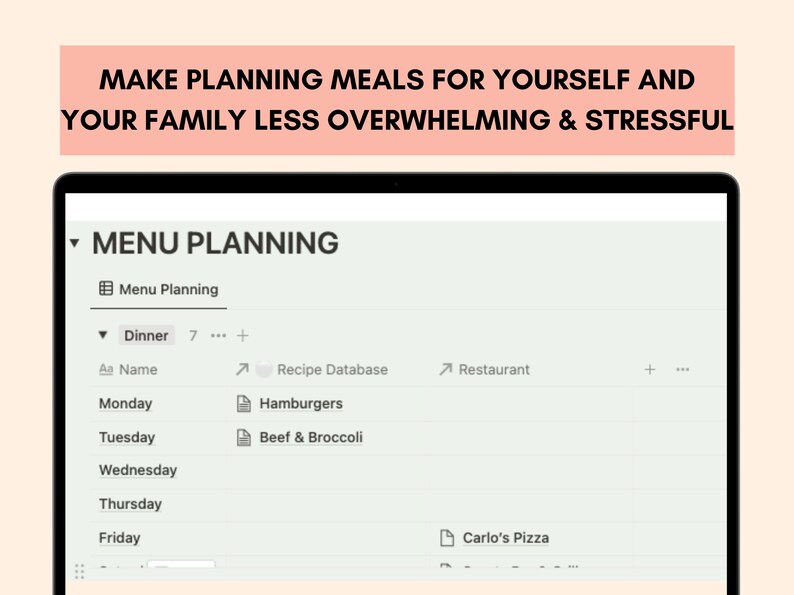 May include: A screenshot of a computer screen showing a menu planning app. The app has a list of days of the week, with a column for dinner. The user has selected "Hamburgers" for Monday, "Beef & Broccoli" for Tuesday, and "Carlo's Pizza" for Friday.