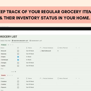 May include: A screenshot of a grocery list app on a tablet. The app allows users to keep track of their regular grocery items and their inventory status at home. The list is divided into two sections: Produce and Snacks. Each item has a checkbox to indicate if it is in stock or out of stock. The app also includes a recipe database and a menu planner.