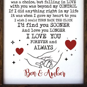 May include: A white background with black text that reads "Meeting you Becoming was fate your friend was a choice, but falling in LOVE with you was beyond my CONTROL If I did anything right in my life it was when I gave my heart to you I wish I could TURN BACK THE CLOCK I'd find you SOONER And love you LONGER I LOVE YOU FOREVER and ALWAYS" with two red hearts and a black line drawing of two hands holding each other. The text "Ben & Amber" is written in red at the bottom of the image.