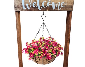 Self Standing Welcome Plant Stand 36" Tall, Hanging Flower Stand, Hanging Flower Basket Stand