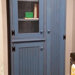 May include: A blue wooden cabinet with two doors and two shelves. The top door has a wire mesh insert and the bottom door has a solid wood panel. The cabinet has black hinges and knobs.