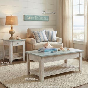 Solid Wood Coastal Coffee Table with Slat bottom, Beach Table, Slatted Table, Distressed Coffee Table, Sea Side Coffee Table, Lake