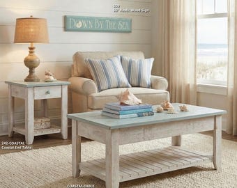 Solid Wood Coastal Coffee Table with Slat bottom, Beach Table, Slatted Table, Distressed Coffee Table, Sea Side Coffee Table, Lake