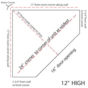 Op de afbeelding: Diagram met de afmetingen van een kamer met een opening van 12 inch hoog. De opening is 16 inch breed en 24 inch van hoek tot hoek. De kamer is 17 inch van hoek tot hoek langs de muur.