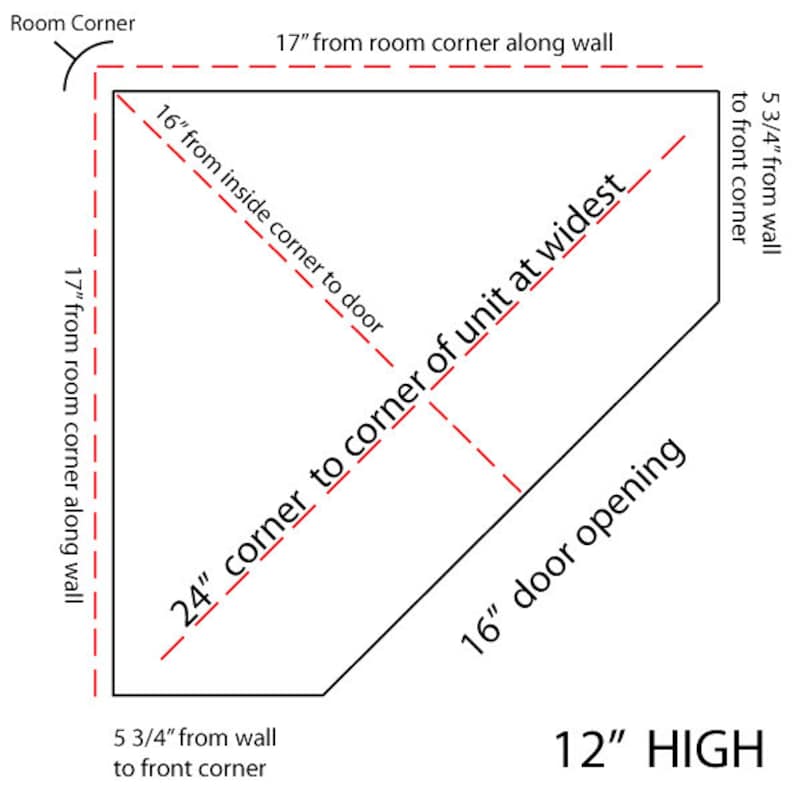 Op de afbeelding: Diagram met de afmetingen van een kamer met een opening van 12 inch hoog. De opening is 16 inch breed en 24 inch van hoek tot hoek. De kamer is 17 inch van hoek tot hoek langs de muur.