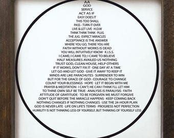 12" Framed sign: AA Slogan; Recovery, Services & Unity. Alcoholics Anonymous, AA Sobriety Circle and Triangle Symbol of Recovery