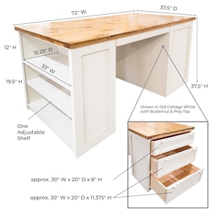 May include: A white desk with a natural wood top, measuring 72 inches wide by 37.5 inches deep and 37.5 inches high. It features side shelving with one adjustable shelf and a separate section with three drawers, shown in Old Cottage White finish.