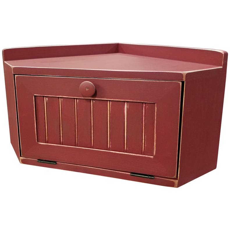 Solid Wood Corner Bread Box, Country Farmhouse Decor Old Red