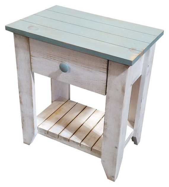 Solid Wood Coastal End Table with Drawer Beach Table Slatted Table