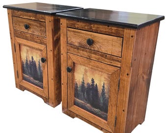 Solid Wood Nightstand Set – Pine Tree Art, Rustic End Tables