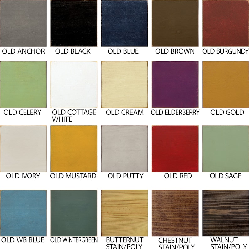 Op de afbeelding: Een kleurenkaart met 20 verschillende verfkleuren. De kleuren zijn gerangschikt in een raster van vijf rijen en vier kolommen. De kleuren omvatten Oude Anker, Oude Zwart, Oude Blauw, Oude Bruin, Oude Bourgondi&euml;, Oude Selderij, Oude Cottage Wit, Oude Cr&egrave;me, Oude Vlierbes, Oude Goud, Oude Ivoor, Oude Mosterd, Oude Kit, Oude Rood, Oude Salie, Oude WB Blauw, Oude Wintergroen, Butternut Beits/Poly, Kastanje Beits/Poly en Walnoot Beits/Poly.