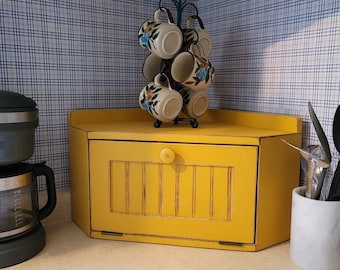 Solid Wood Corner Bread Box, Country Farmhouse Décor, Corner Cabinet