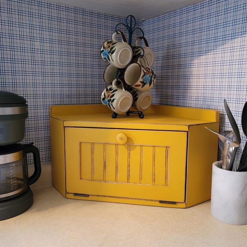 Solid Wood Corner Bread Box, Country Farmhouse Decor Old Mustard