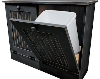 Tilt Out Trash & Recycling, Solid Wood Tilt out Double Trash Bins, Primitive Garbage and Recycle Bins, Farmhouse Trash bins