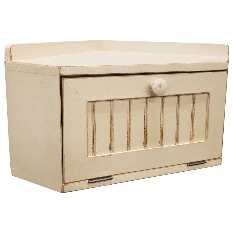 Solid Wood Corner Bread Box, Country Farmhouse Decor Old Cream