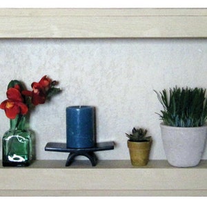 May include: A white wooden shadow box with a variety of potted plants and a blue candle. The plants include a small succulent, a larger succulent, and a green plant in a white pot. The candle is on a black stand.