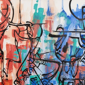 Puede incluir: Pintura abstracta con líneas y formas negras sobre un fondo blanco. La pintura está dividida en dos secciones, una con colores rojo y naranja y la otra con colores azul y verde.