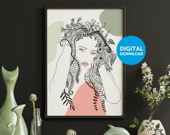 Women, Organic, Hair, Art, Print, Digital, Download