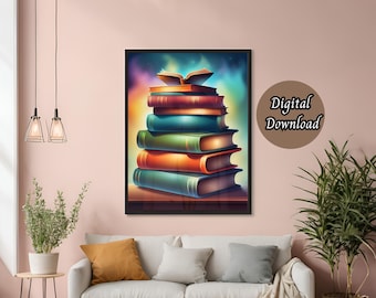 Buchliebhaber Druck, Stapel Bücher Malerei, Bücherwurm druckbare Kunst, trendige Wandkunst, Digitaldruck, Wohnungsästhetik, Erfolg, Ziele, Geschenk