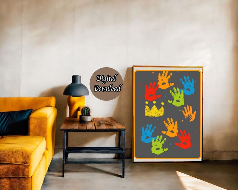 May include: A digital download of a printable art print featuring a gray background with colorful handprints and a yellow crown. The handprints are in shades of red, orange, yellow, green, blue, and purple.