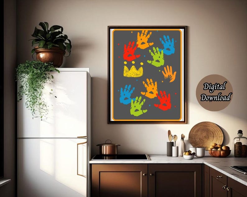 May include: A digital download of a printable art print featuring a black background with colorful handprints in a rainbow pattern. The handprints are arranged in a crown shape with a yellow crown at the top. The text "Digital Download" is in the bottom right corner.