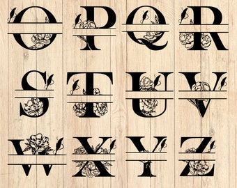 May include: A set of 12 split monogram letters with floral accents. The letters are O, P, Q, R, S, T, U, V, W, X, Y, and Z. Each letter is split in half horizontally with a floral design on the top half and a blank space on the bottom half.