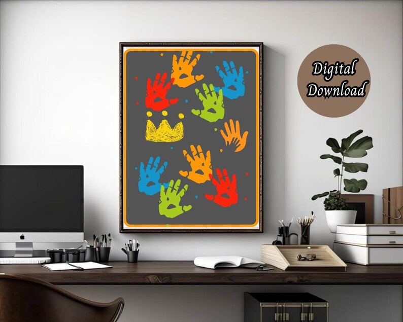May include: A digital download of a printable art print featuring a gray background with colorful handprints and a yellow crown. The handprints are in shades of red, orange, yellow, green, blue, and purple.