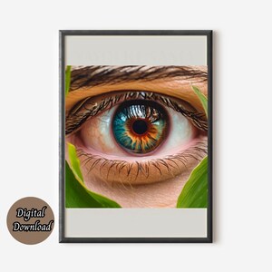Puede incluir: Primer plano de un ojo humano con un iris azul y naranja. El ojo está enmarcado por hojas verdes.