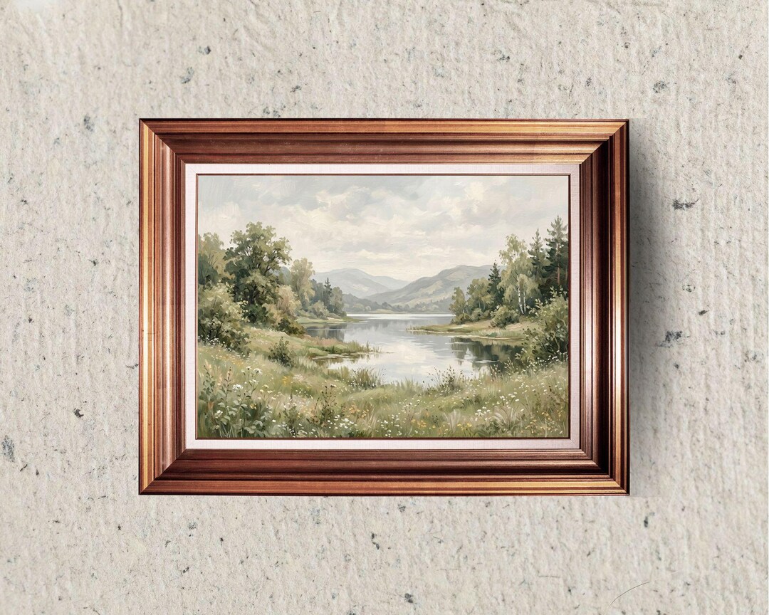Vintage Lake Landscape Oil Painting, Wildflower Meadow Wall Art ...