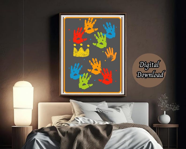 May include: A digital download of a printable art print featuring a colorful design of handprints in a rainbow pattern. The handprints are arranged in a cluster and are surrounded by small white dots. The design is set against a black background and is framed in a simple black frame.