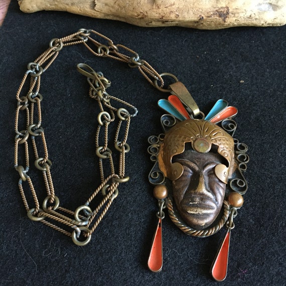 Vintage Mexican Tribal Mask Necklace - image 2