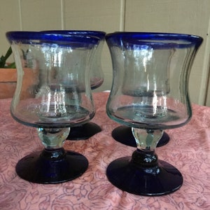 Handblown Cobalt Blue Stemmed Wine Glasses - Set of 4