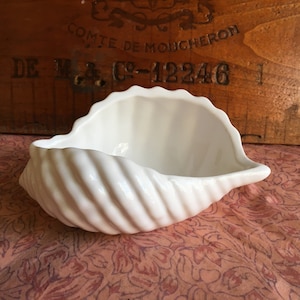 May include: White ceramic seashell shaped dish. The dish has a swirl design and is perfect for holding small items.