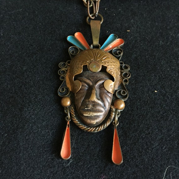 Vintage Mexican Tribal Mask Necklace - image 1