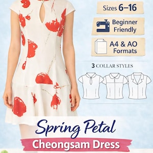 Puede incluir: Vestido Cheongsam blanco con estampados florales rojos. El vestido presenta un escote de ojo de cerradura y mangas cortas. La imagen incluye el texto "Blueberry Pattern", "Spring Petal Cheongsam Dress" y "Tallas 6-16". También dice "Beginner Friendly" y "Formatos A4 & AO".