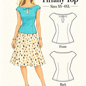 Tiffany Top Sewing Pattern – A4 Printable PDF + Video Tutorial, Keyhole Bow Sleeveless Blouse Pattern, XS–4XL