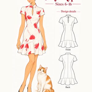 Może przedstawiać: Biała sukienka Qipao w czerwony kwiatowy wzór, z krótkimi rękawami, stójką z wycięciem w kształcie łezki i falbanką u dołu. Ilustracja zawiera techniczne rysunki liniowe przodu i tyłu z napisem Jiayi Qipao Sizes 6-16.