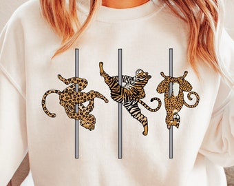 Big Cats Pole Dancing Sweatshirt, Pole Dance Zoo Cheetah, Leopard, Tiger Unisex Crewneck Sweatshirt Gift