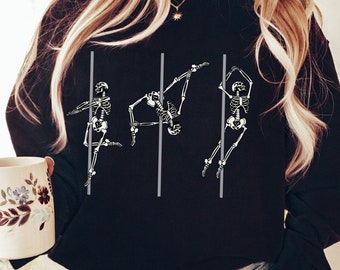 Skeleton Pole Dance Sweatshirt Dancing Skeletons Unisex Crewneck Halloween Sweater Gift for Dancer Pullover Sweatshirt Poledance Wear