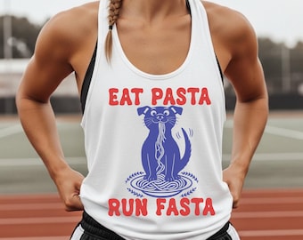 Eat Pasta Run Fasta Camiseta sin mangas divertida para correr con perro Disfraz de media maratón Regalo para corredor Conjunto de gimnasio para correr Regalo para mamá de perro