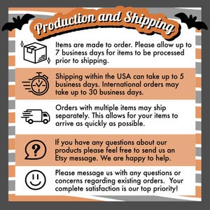 May include: An informational graphic with a striped orange, white, and gray background featuring black bat silhouettes at the top. The text reads Production and Shipping, followed by five bullet points with icons: a box, a clock, a truck, a question mark, and a smiley face.