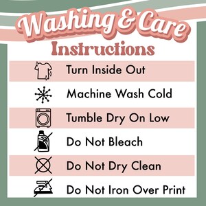 May include: Washing and care instructions for a garment. The instructions include turning the garment inside out, machine washing cold, tumble drying on a low heat, not bleaching, not dry cleaning, and not ironing over the print.