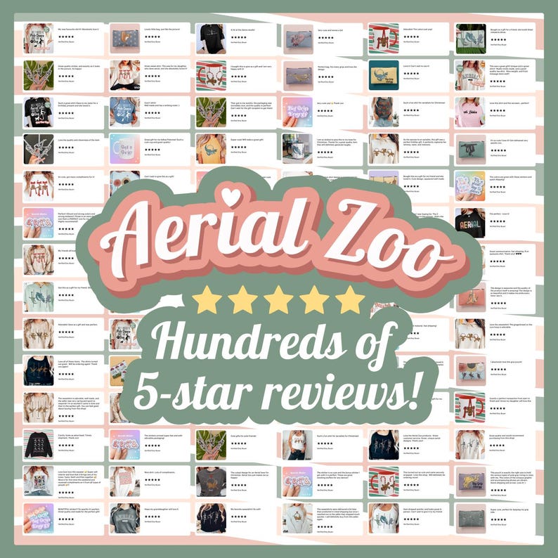 May include: A collage of images featuring positive customer reviews for a shop called "Aerial Zoo". The reviews are all 5-star ratings and include text praising the shop's products and service. The text "Hundreds of 5-star reviews!" is displayed in a pink and white banner.