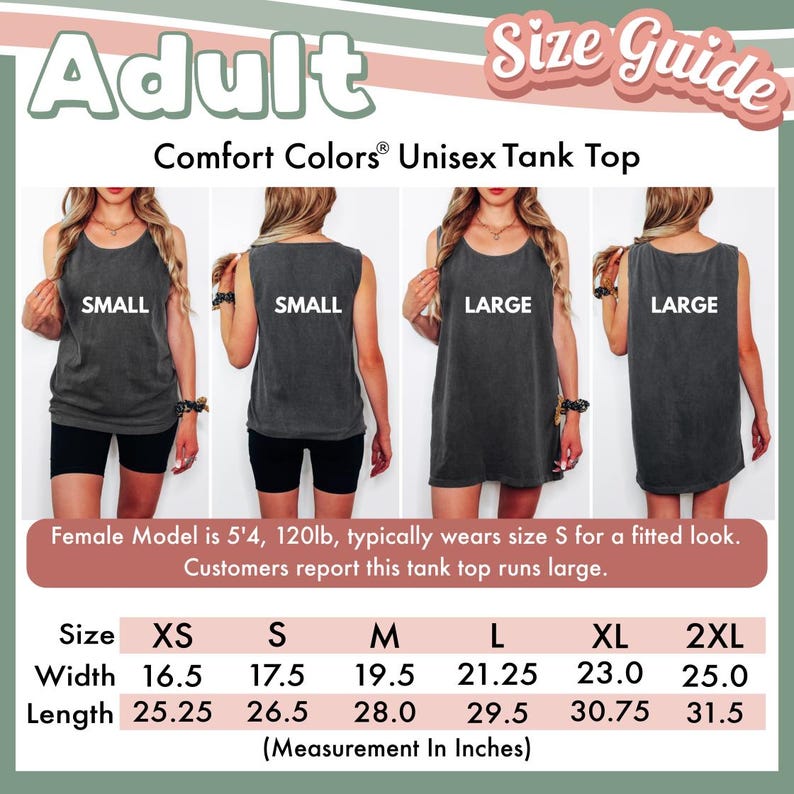 May include: An adult Comfort Colors unisex tank top size guide featuring four images of a dark gray tank top in small and large sizes. Includes a table with width and length measurements in inches for sizes XS through 2XL and model sizing notes.