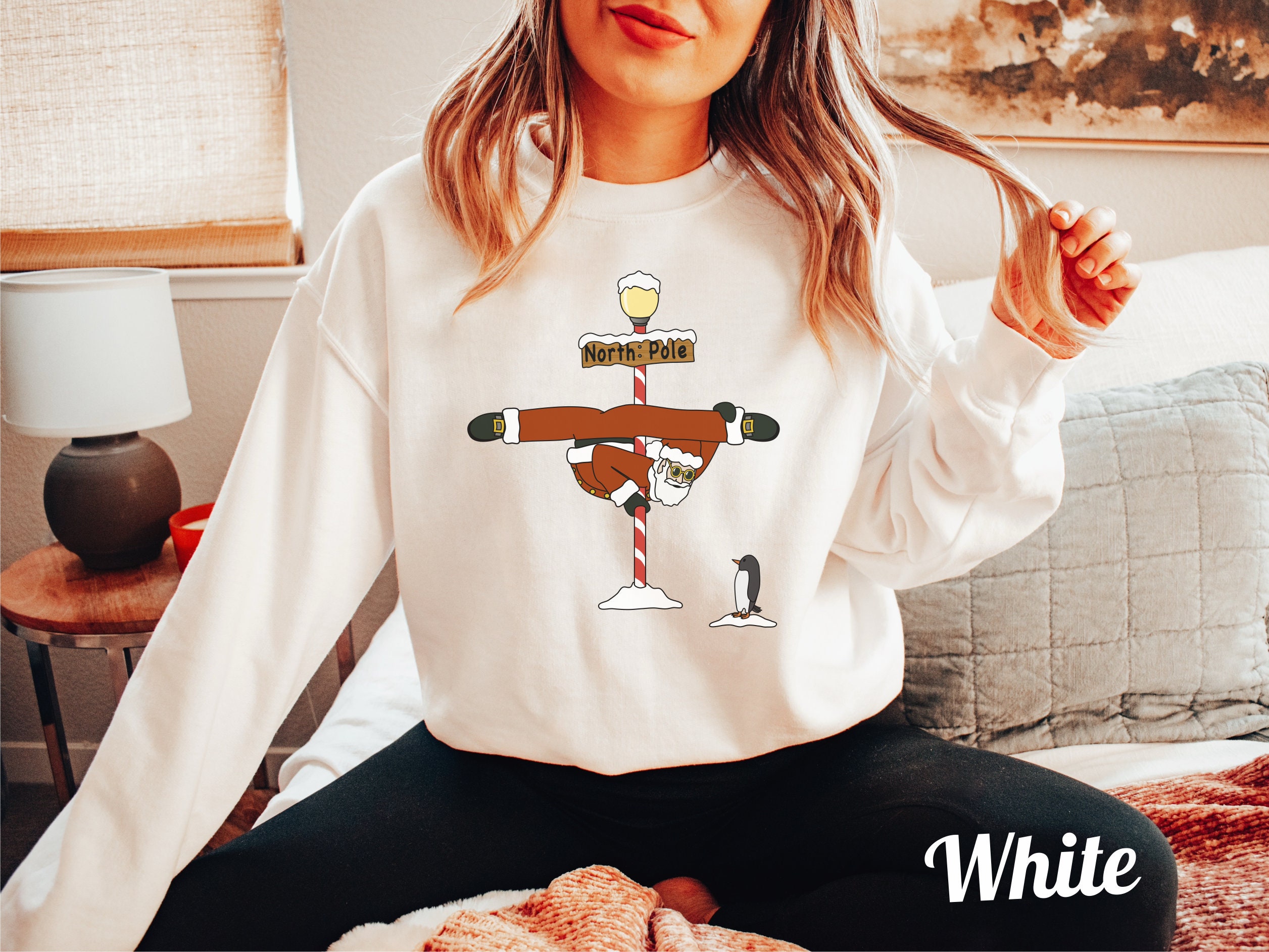 AerialZoo Christmas Sweatshirt Santa North Pole Dance Sweatshirt Holiday Ugly Sweater Pole Dance Wear Unisex Crewneck Funny Christmas Sweatshirt Gift
