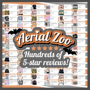 May include: A collage of customer reviews for Aerial Zoo featuring numerous small product images, five-star ratings, and text snippets. The central graphic displays the text Aerial Zoo above five orange stars and the text Hundreds of 5-star reviews!