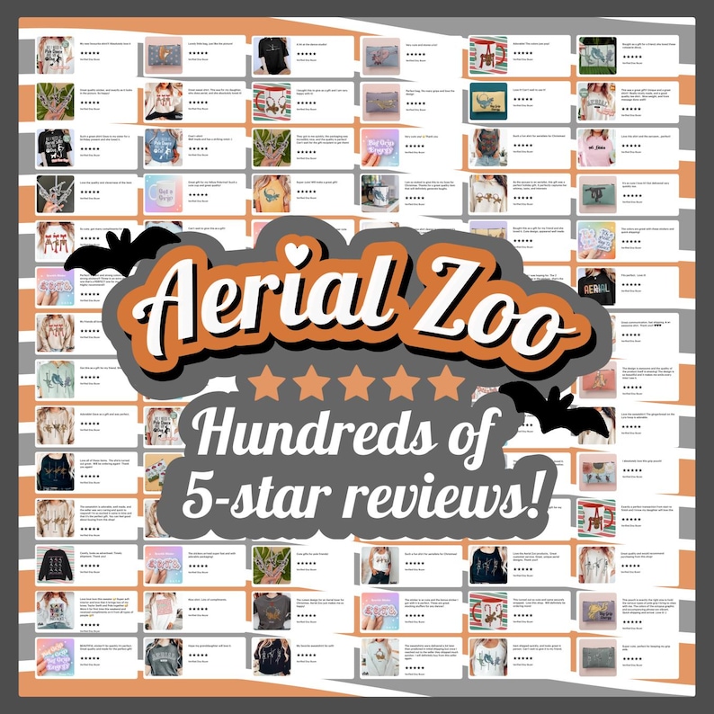 May include: A collage of customer reviews for Aerial Zoo featuring numerous small product images, five-star ratings, and text snippets. The central graphic displays the text Aerial Zoo above five orange stars and the text Hundreds of 5-star reviews!