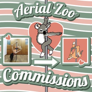 Może przedstawiać: Projekt graficzny z tekstem "Aerial-Zoo Commissions" w retro stylu. Projekt przedstawia koalę i lisa wiszącego na drążku, z sercem za koalą. Projekt zawiera r&oacute;wnież dwa zdjęcia os&oacute;b wykonujących pole dance.