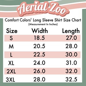 May include: A size chart for long-sleeved shirts, showing width and length measurements in inches for sizes S to 3XL.