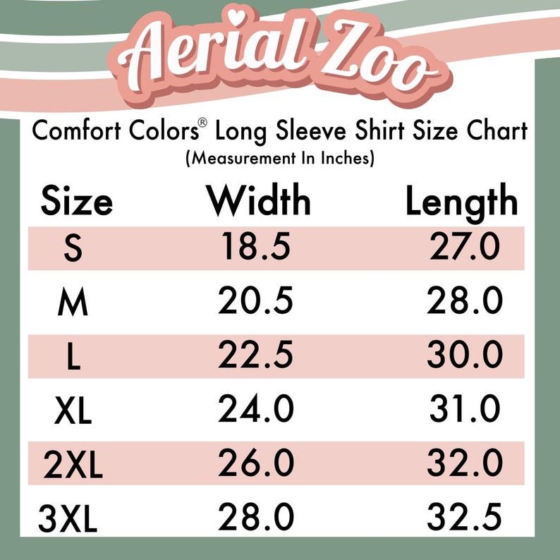 May include: A size chart for long-sleeved shirts, showing width and length measurements in inches for sizes S to 3XL.